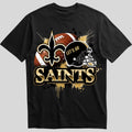 New Orleans Saints splash design graphic tee on black shirt