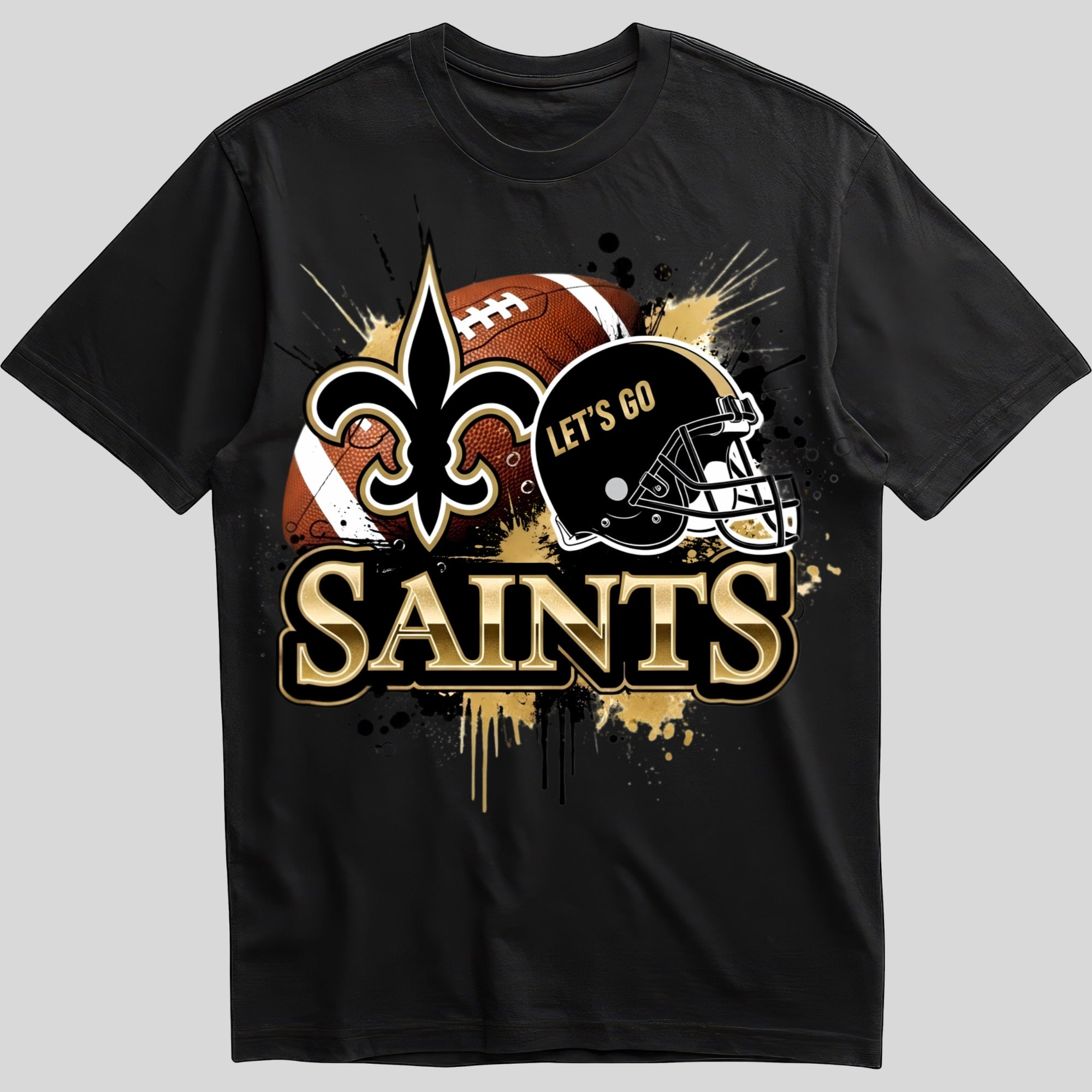 New Orleans Saints splash design graphic tee on black shirt