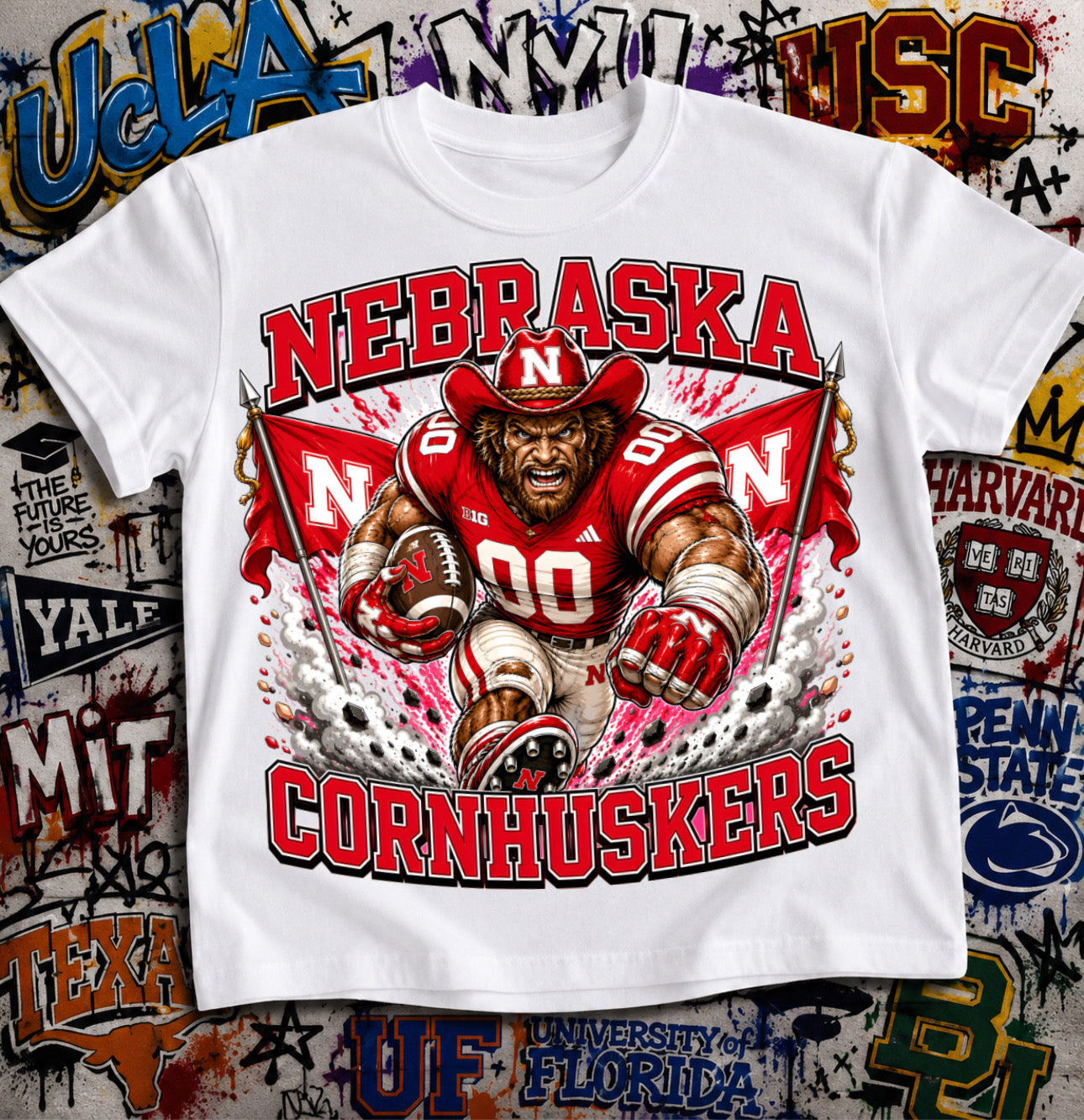 Nebraska Cornhuskers Football Shirt - Herbie Husker mascot in Nebraska football gear