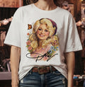 Dolly Parton Watercolor Floral Portrait T-Shirt with butterflies and signature