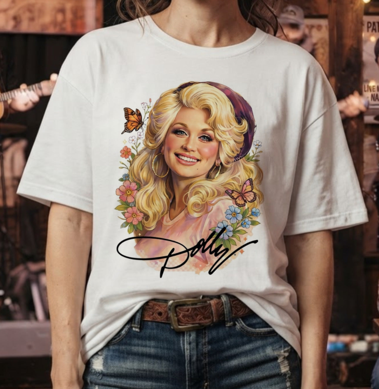 Dolly Parton Watercolor Floral Portrait T-Shirt with butterflies and signature