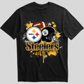 Pittsburgh Steelers splash design graphic tee on black shirt