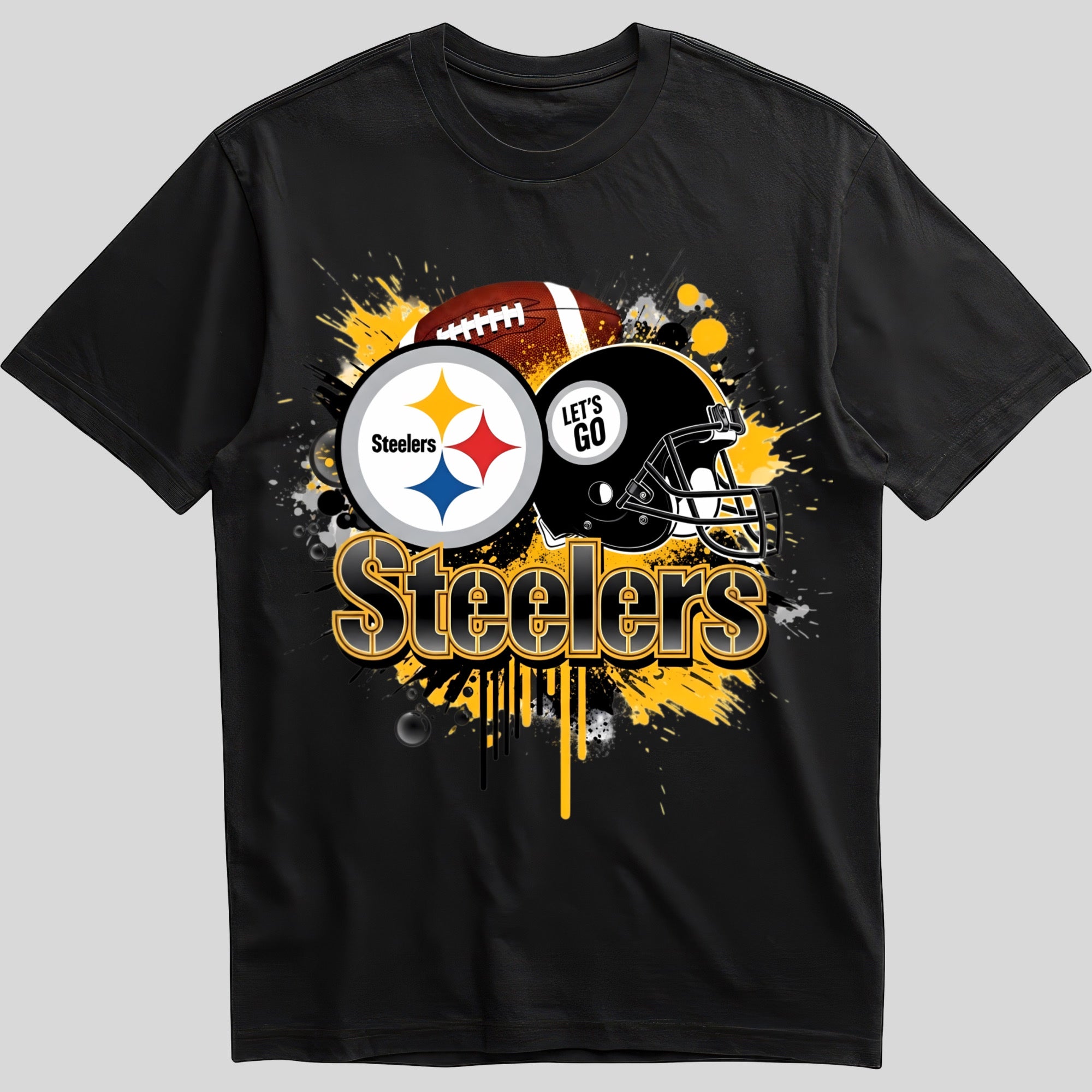 Pittsburgh Steelers splash design graphic tee on black shirt