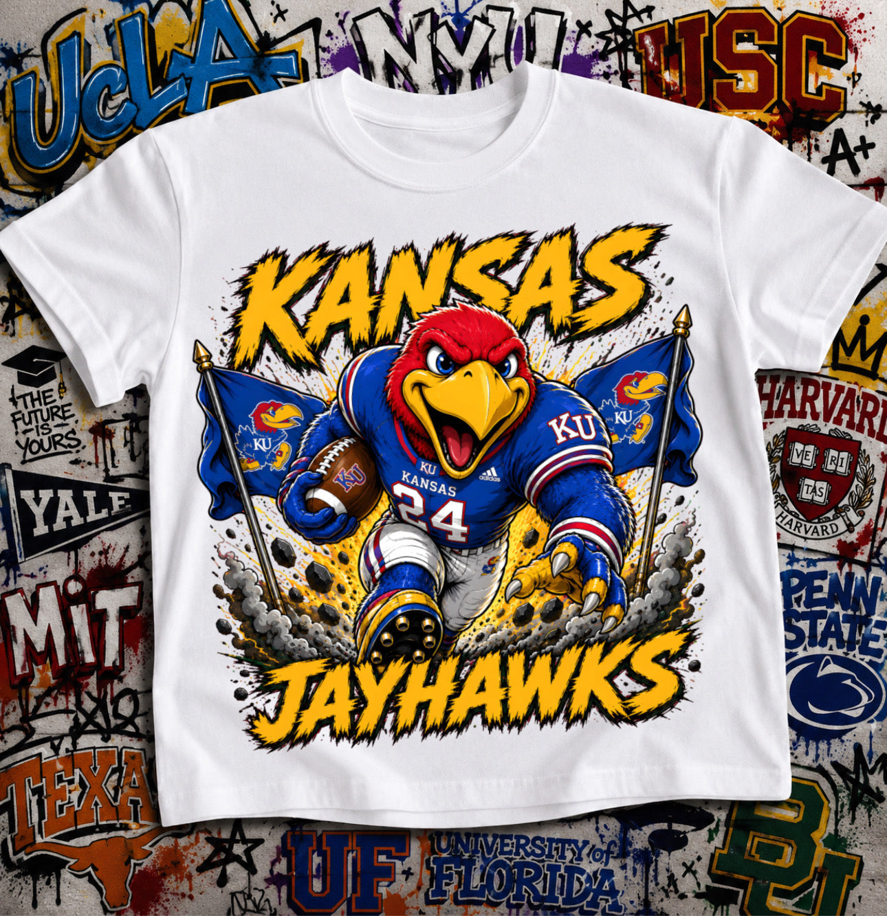 Kansas Jayhawks Football Shirt - Big Jay mascot in Kansas football gear
