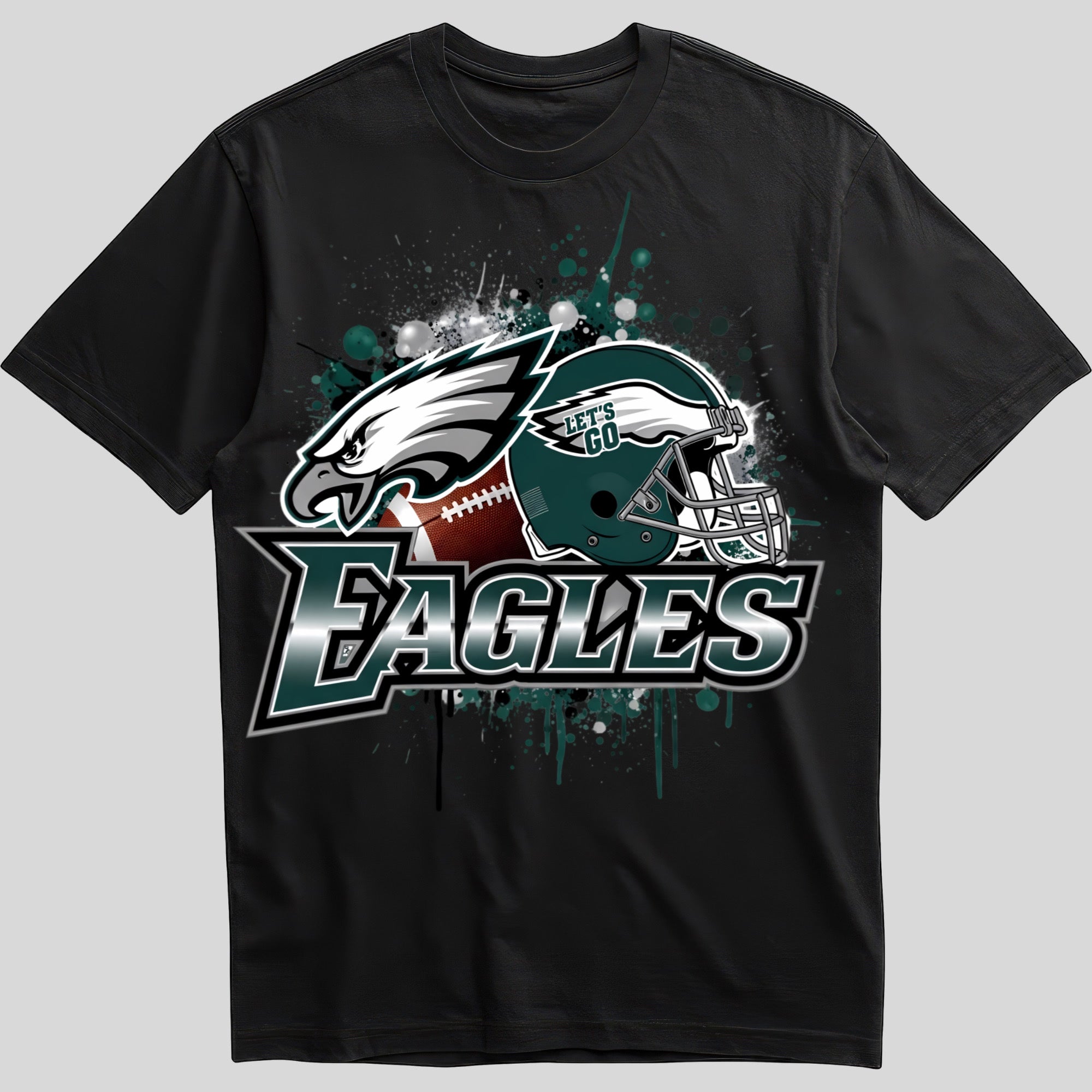 Philadelphia Eagles splash design graphic tee on black shirt