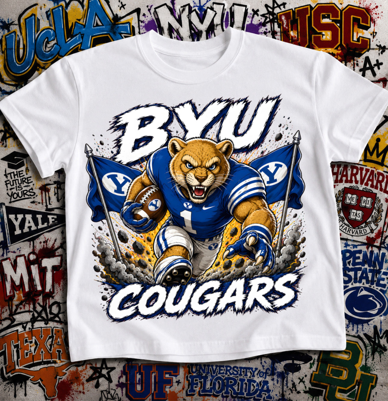 BYU Cougars Football Shirt - Cosmo the Cougar mascot in BYU football gear