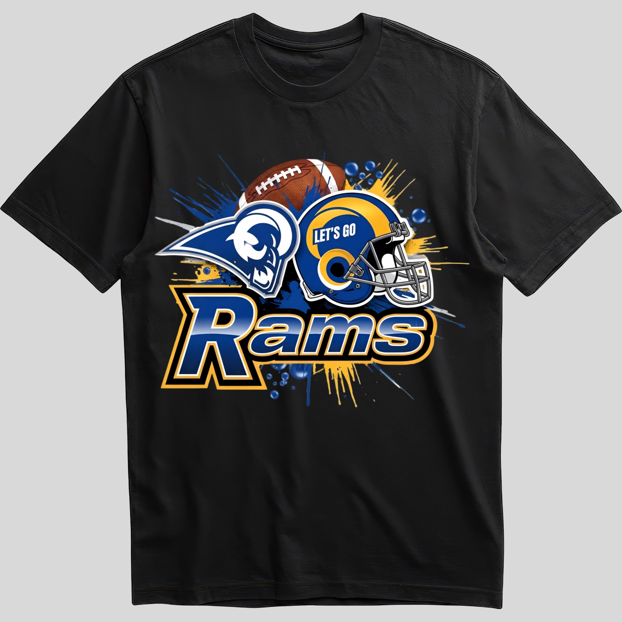 Los Angeles Rams splash design graphic tee on black shirt