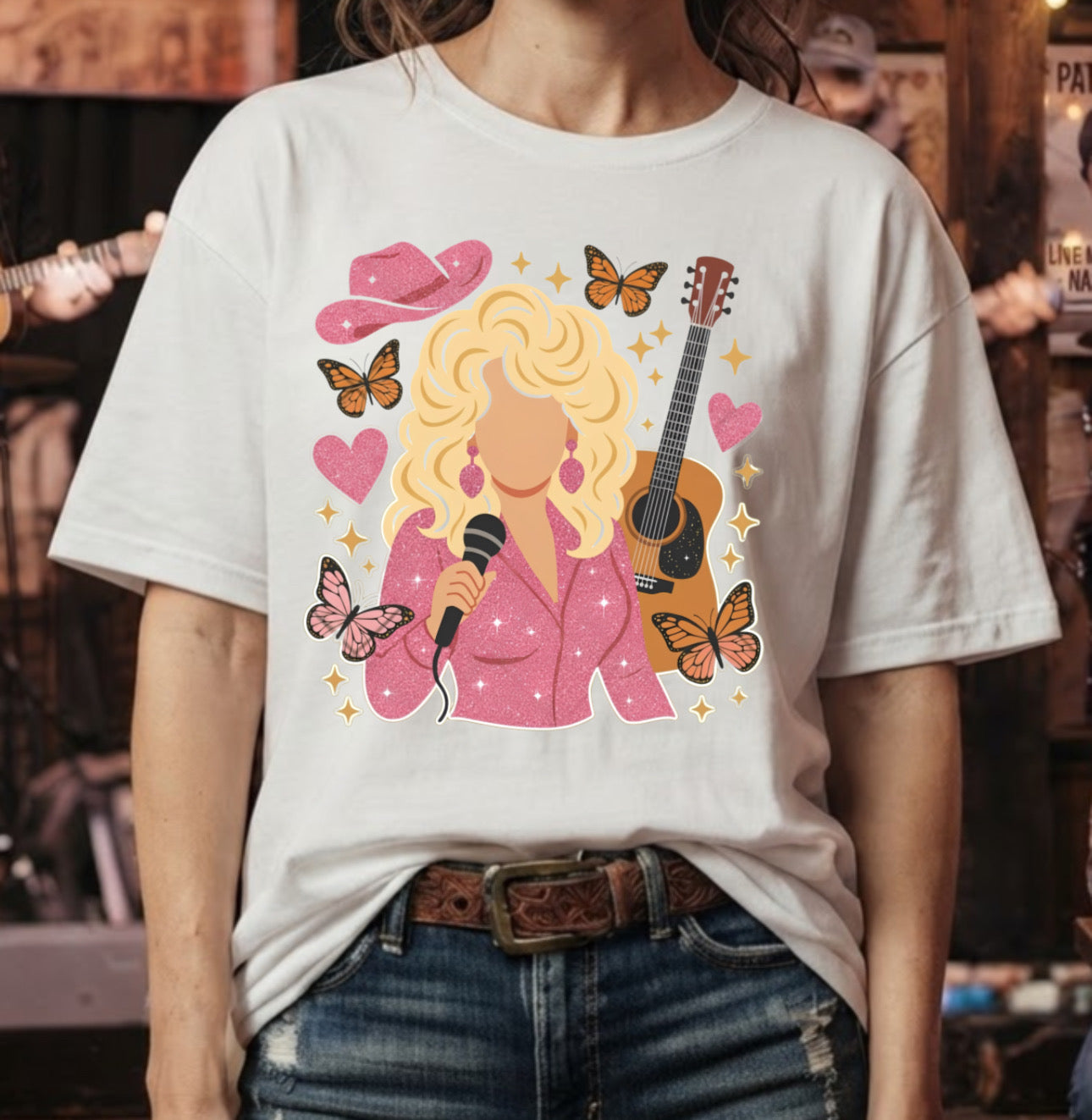 Dolly Parton Sparkle Mic and Butterflies T-Shirt - pink graphic tee