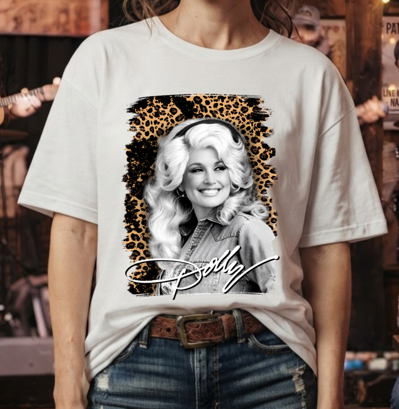 Dolly Parton Leopard Print Black and White Portrait T-Shirt