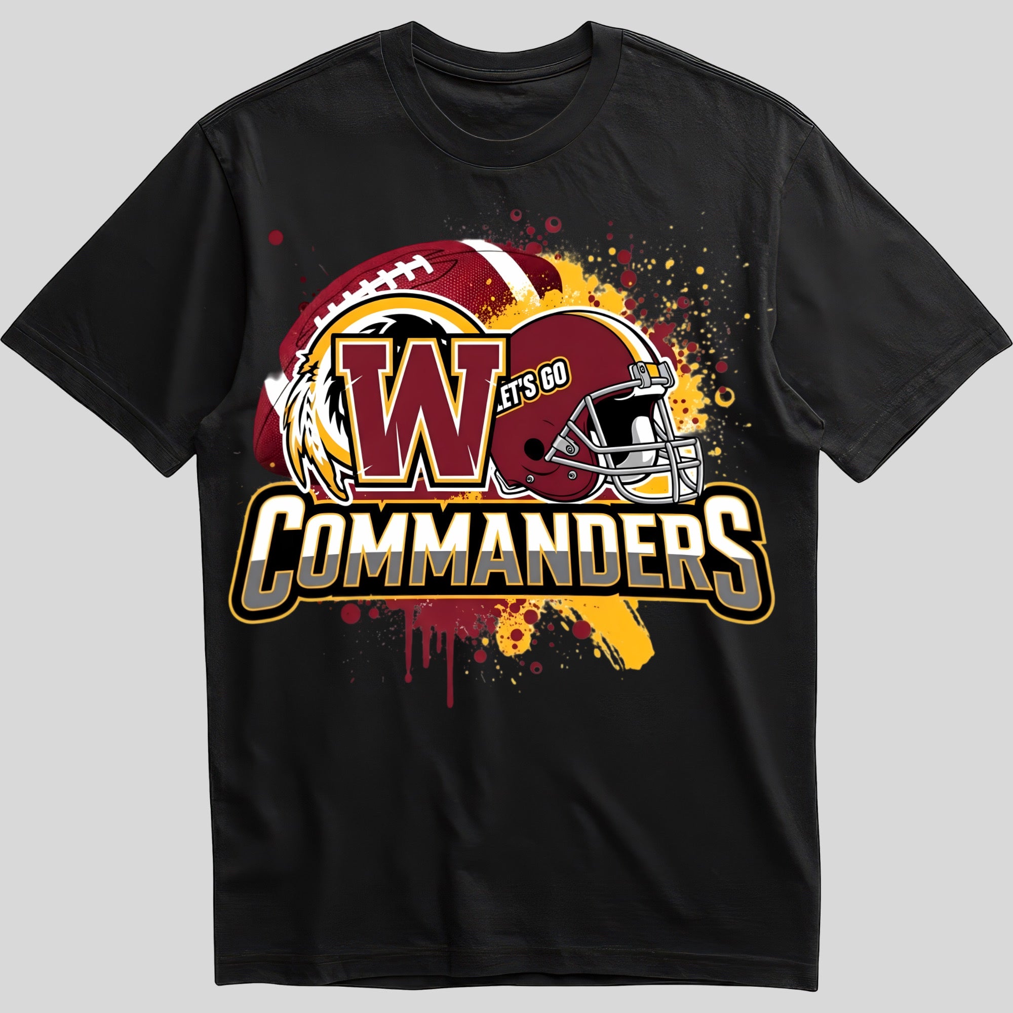 Washington Commanders splash design graphic tee on black shirt