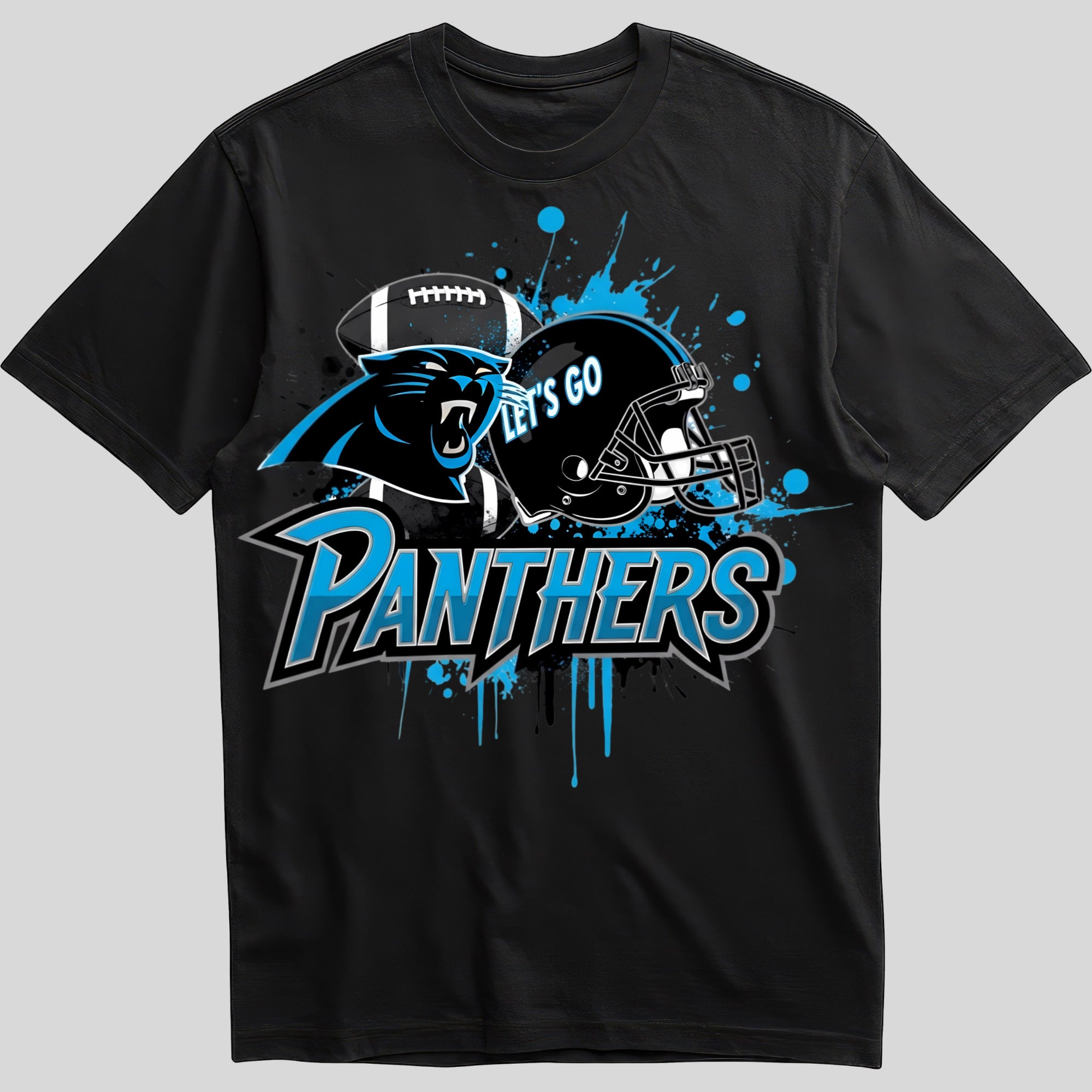 Carolina Panthers splash design graphic tee on black shirt