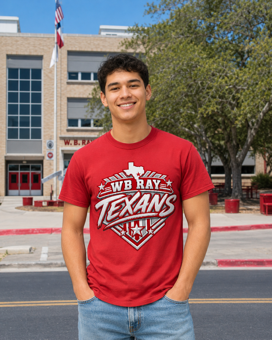 WB Ray Texans Shield Drop Tee – red shirt with diamond shield badge graphic