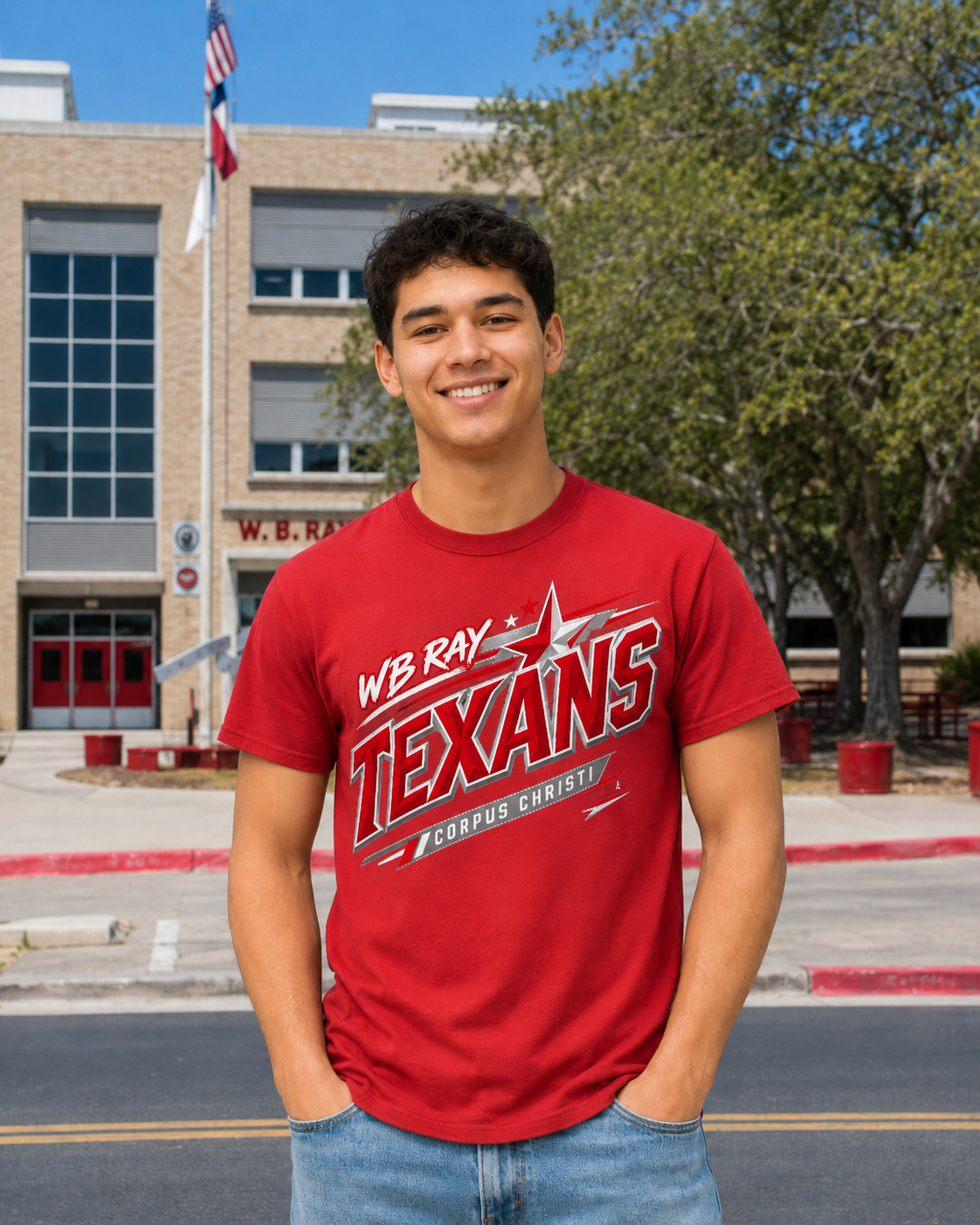 WB Ray Texans Velocity Tee – red shirt with diagonal speed-line graphic