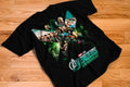 Avengers Doomsday ensemble cast graphic tee on black shirt
