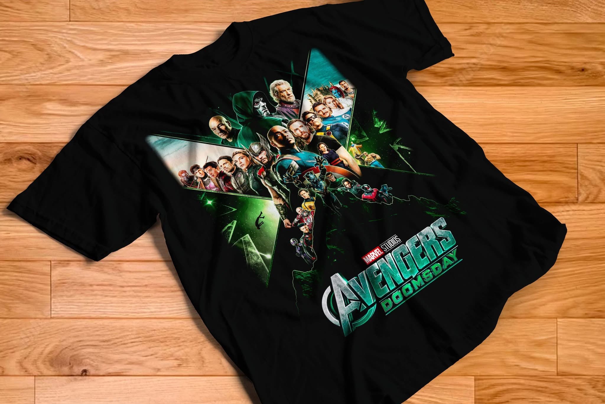 Avengers Doomsday ensemble cast graphic tee on black shirt
