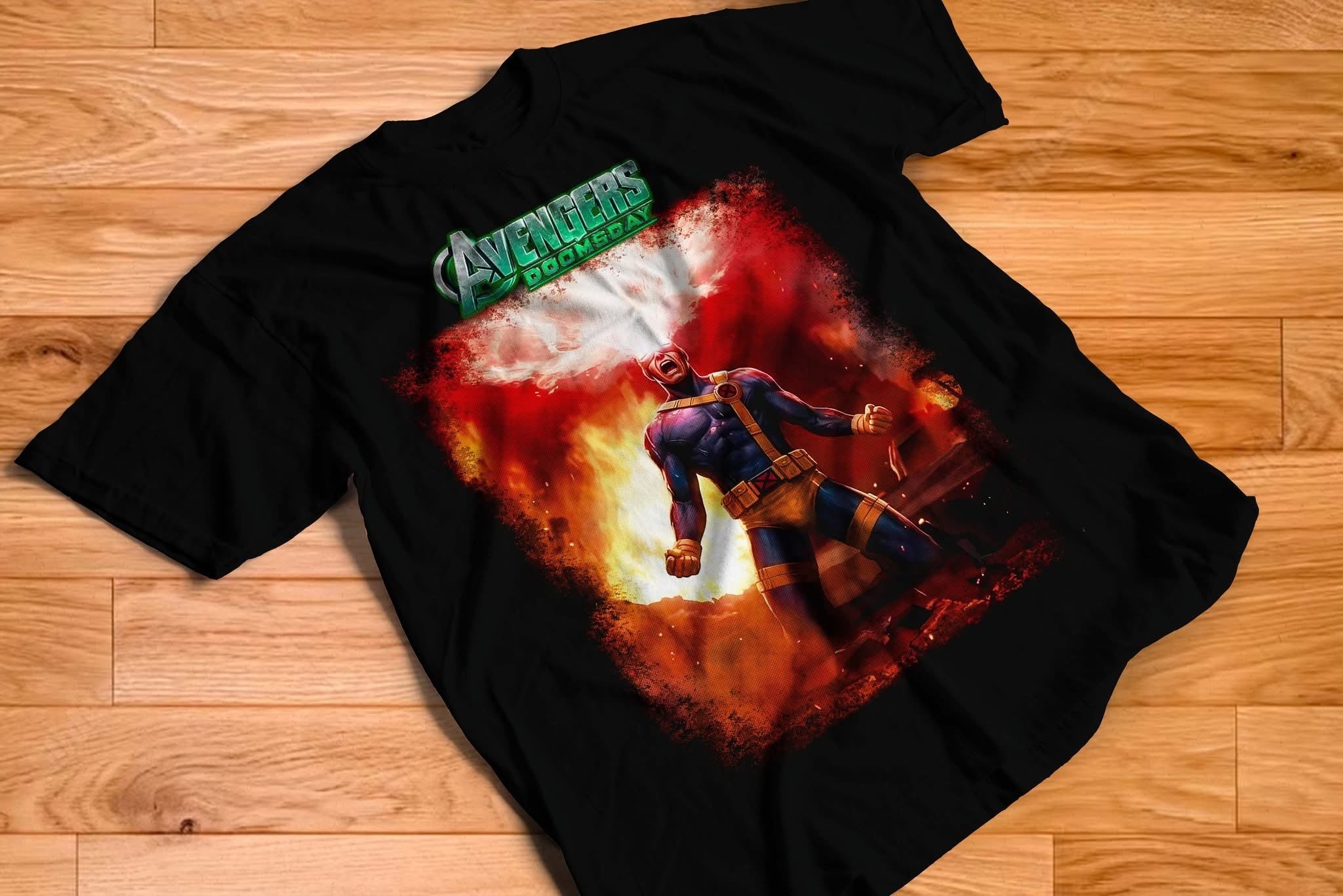 Avengers Doomsday Cyclops rage fire graphic tee on black shirt