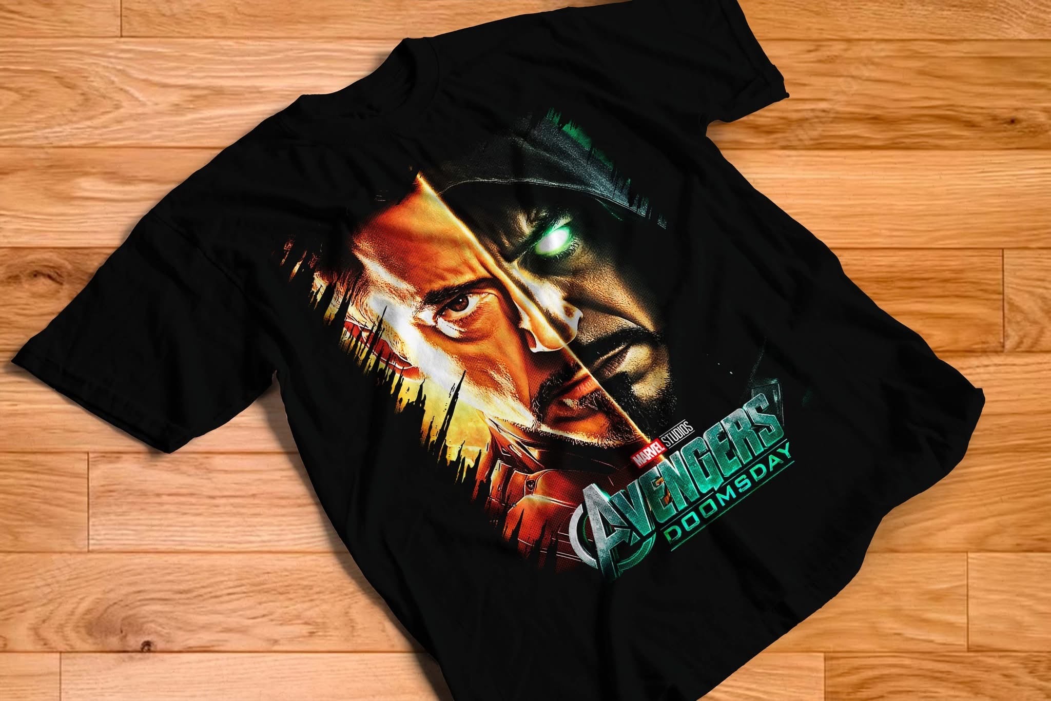 Avengers Doomsday Iron Man vs Doctor Doom split face graphic tee on black shirt