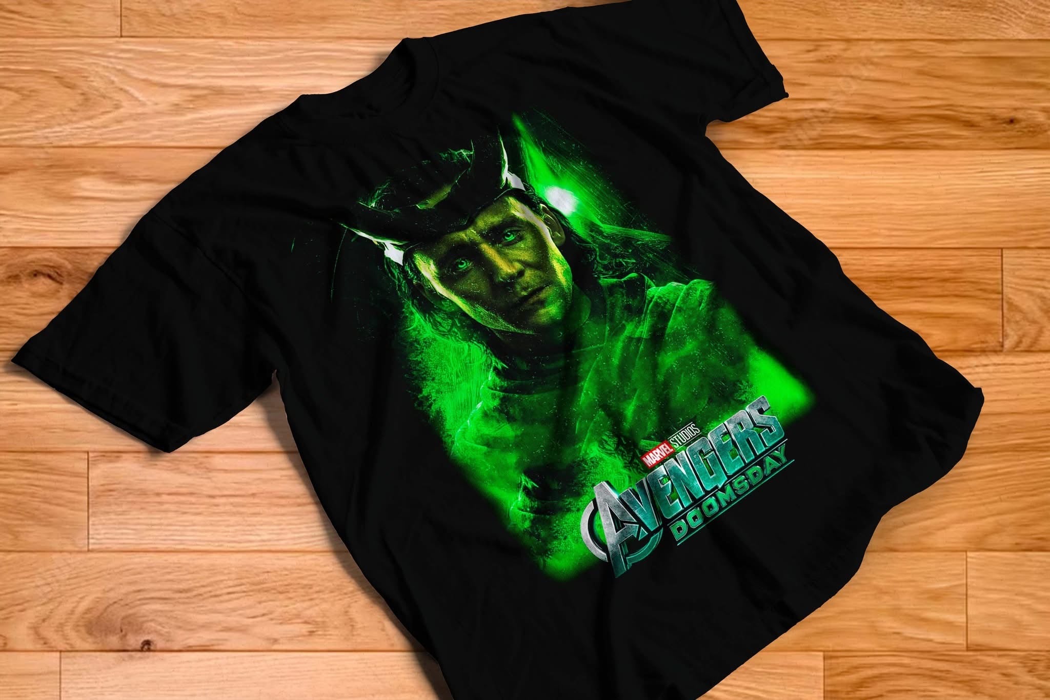 Avengers Doomsday Loki green aura graphic tee on black shirt