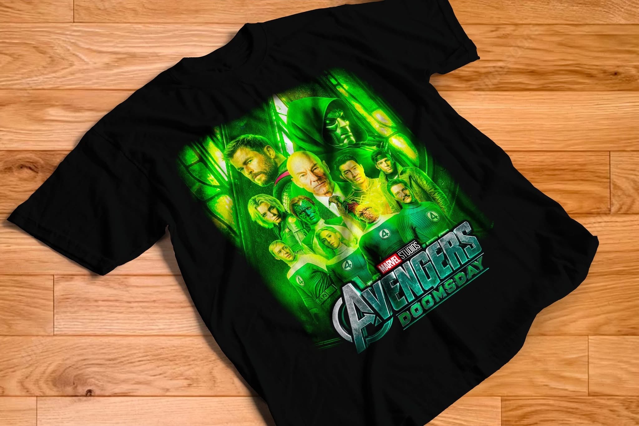 Avengers Doomsday X-Men Fantastic Four heroes under Doctor Doom green graphic tee on black shirt