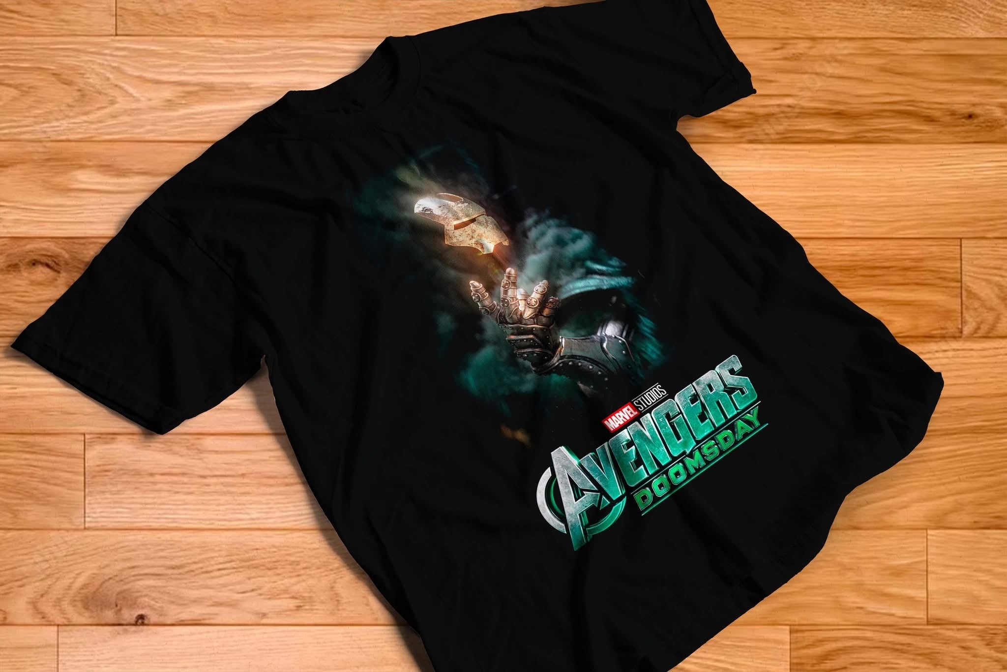 Avengers Doomsday Doctor Doom armored gauntlet graphic tee on black shirt
