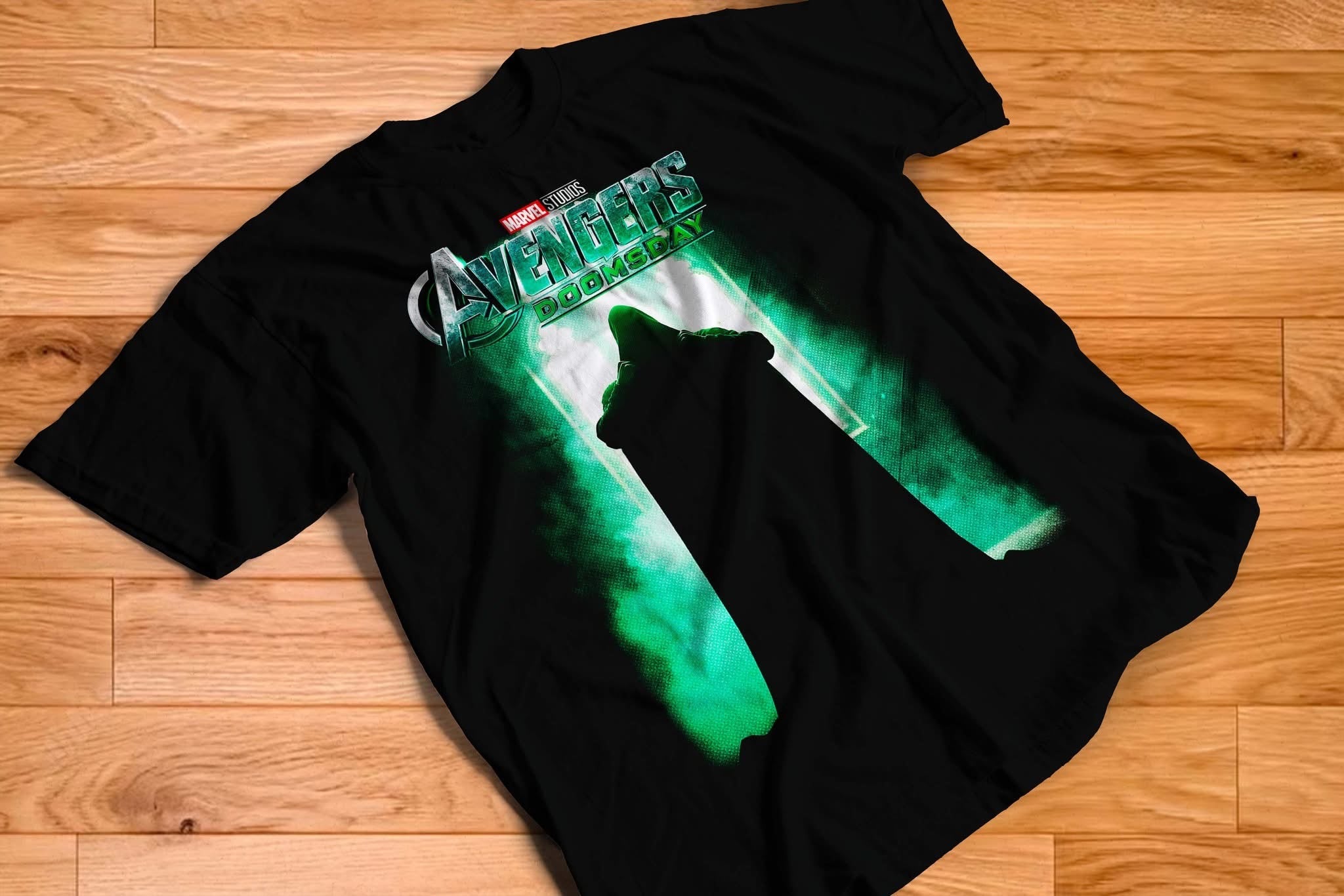 Avengers Doomsday Doctor Doom green silhouette graphic tee on black shirt