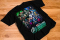 Avengers Doomsday full Marvel hero roster illustrated graphic tee on black shirt
