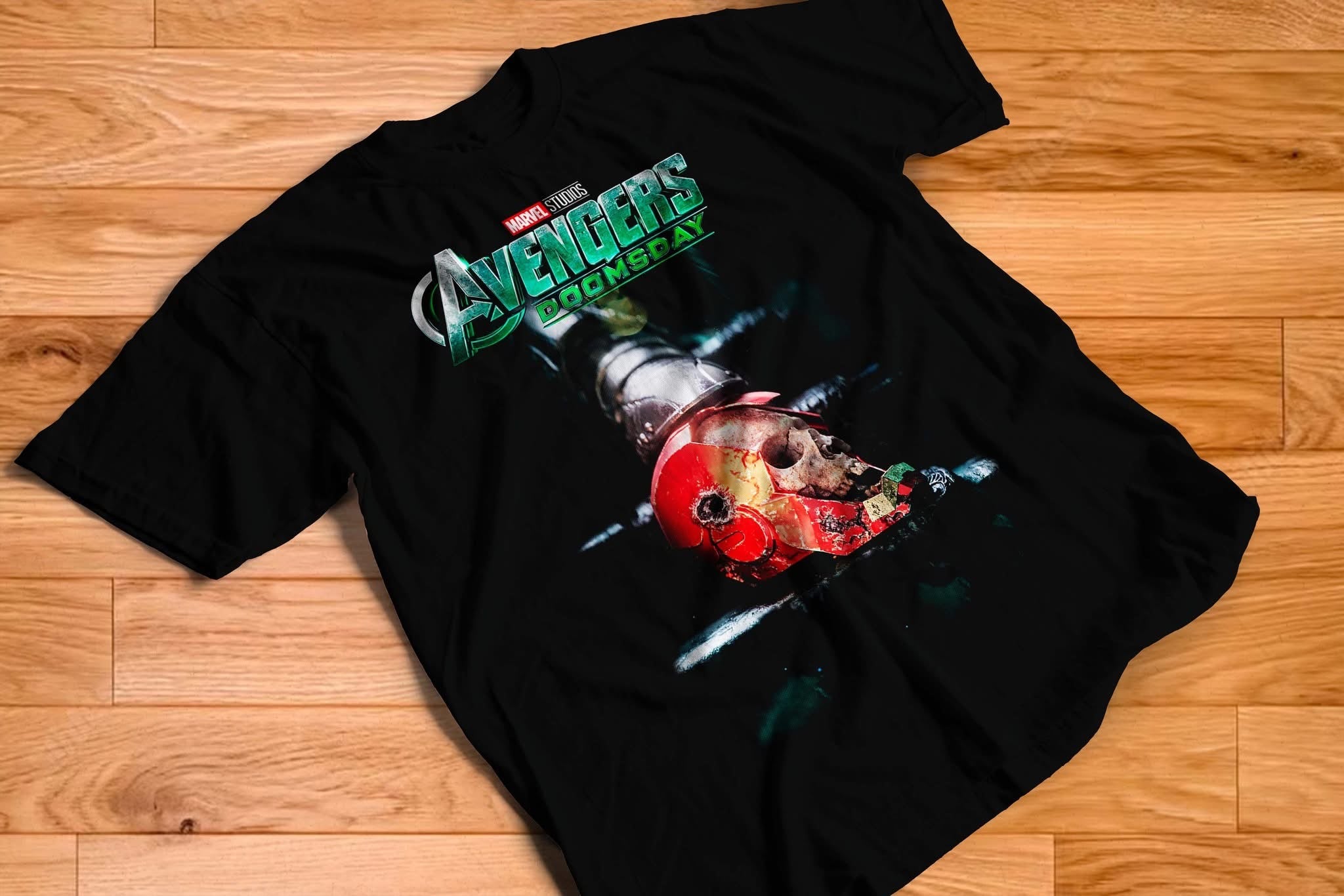 Avengers Doomsday destroyed Iron Man helmet graphic tee on black shirt
