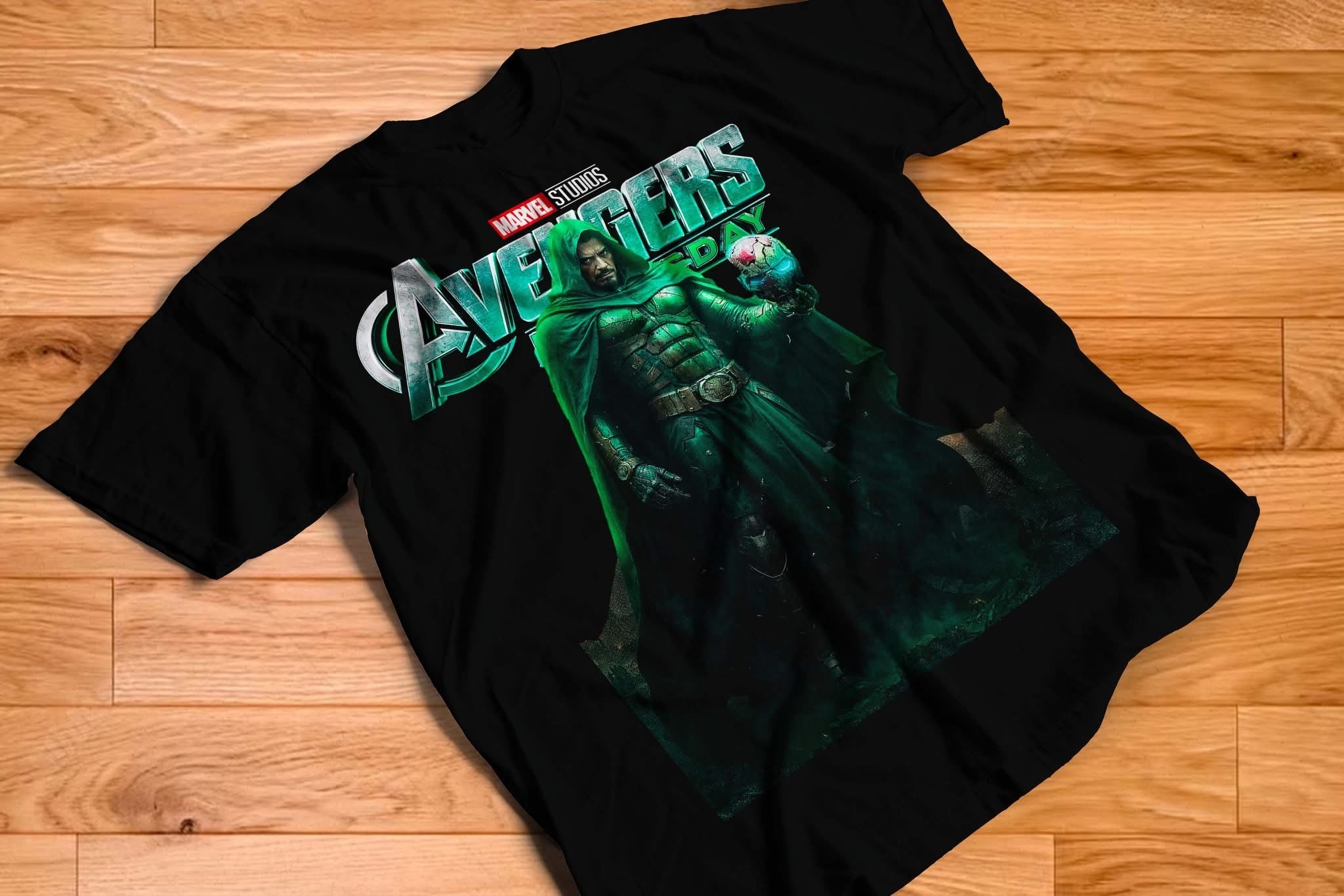 Avengers Doomsday Doctor Doom unmasked full figure graphic tee on black shirt
