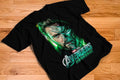 Avengers Doomsday Doctor Doom half face reveal green energy graphic tee on black shirt