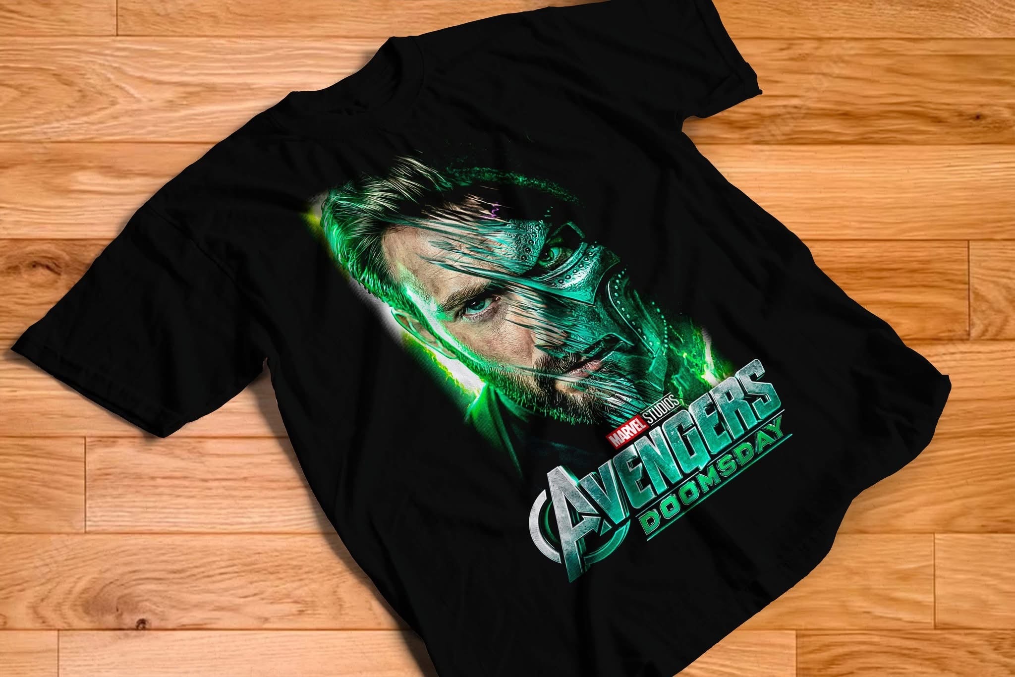Avengers Doomsday Doctor Doom half face reveal green energy graphic tee on black shirt