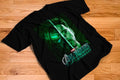 Avengers Doomsday Tony Stark vs Doctor Doom diagonal split green graphic tee on black shirt