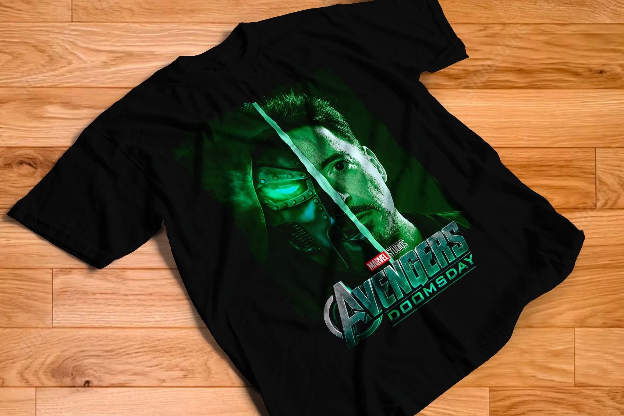 Avengers Doomsday Tony Stark vs Doctor Doom diagonal split green graphic tee on black shirt