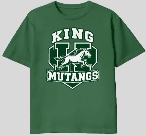 King Mustangs Scratch Tee - forest green tee with grunge scratch marks and mustang graphic