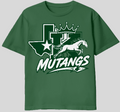 King Mustangs Shield Tee - forest green tee with winged shield crest and galloping mustang