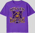 Miller Buccaneers Pirate Crest Tee - purple graphic tee with pirate mascot and M crest