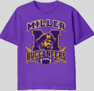 Miller Buccaneers Pirate Crest Tee - purple graphic tee with pirate mascot and M crest