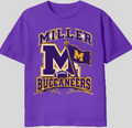 Miller Buccaneers Flag Rally Tee - purple graphic tee with M letter and waving Buccaneers flag